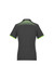 A dark grey women's polo shirt featuring a green geometric design on the back and a logo on the chest.