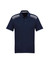 A navy short sleeve polo shirt featuring a patterned shoulder design and a logo on the chest.