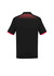 A black short sleeve polo shirt featuring a red and orange patterned design on the back and contrasting red trim.