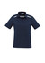 A navy blue women's polo shirt with short sleeves and a white accent, featuring a collar and buttons. It has a logo.