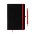 A black notebook with a red elastic band and a matching red pen alongside it. The notebook has a logo.