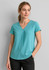 A turquoise blouse featuring a V-neck and pleat detail, with short sleeves and a relaxed fit.
