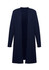 A longline cardigan in navy blue with an open front and long sleeves. It features a logo.