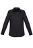 A black long sleeve button-up shirt for women with a collar and a front placket. Includes a logo.