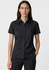A black short sleeve button-up shirt for women, featuring a collar and a fitted silhouette. Includes a logo.