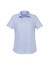 A light blue women's short sleeve button-up shirt featuring a classic collar and a logo.