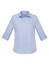 A light blue women's button-up shirt with 3/4 sleeves and a classic collar, featuring a logo on the chest.