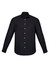 A black long sleeve button-up shirt with a chest pocket and a logo. Classic fit design.