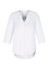 A white longline blouse with a button-up front and three-quarter sleeves. It features a subtle collar and a curved hem.