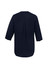 A navy blue women's longline blouse with three-quarter sleeves and a back pleat, featuring a branding logo.