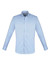 A light blue long sleeve button-up shirt with a collar and a logo.