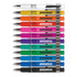 A collection of colorful plastic pens arranged in a row, featuring various vibrant colors and a logo.