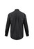 A black long sleeve shirt with a button-up design and a logo on the back.