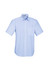 A light blue short sleeve button-up shirt with a chest pocket and a collar. It features a logo on the label.