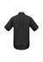 A black short sleeve button-up shirt featuring a back pleat and a collar, with a logo on the back.