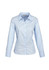 A light blue women's long sleeve button-up shirt with a collar and a logo on the label.