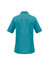 A teal ladies overblouse featuring a collared neck and short sleeves, with a logo on the back.
