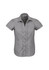 A short sleeve button-up shirt in a grey and white pinstripe pattern, featuring a fitted design and a front button closure.