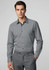 A long sleeve button-up shirt in grey with a subtle pattern, featuring a logo and black buttons.