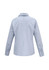 A light blue women's button-up long sleeve shirt with a collar and buttoned cuffs, featuring a branding logo.