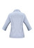 A light blue women's button-up shirt with 3/4 sleeves and a collared neckline, featuring a logo on the back.