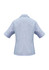 A blue women's button-up shirt with short sleeves and a collar, featuring a logo.