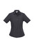 A short-sleeve button-up shirt in charcoal grey with two chest pockets and a branded logo.