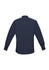 A navy blue long sleeve button-up shirt with a back view, featuring a logo on one sleeve.
