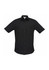 A black short sleeve button-up shirt with a collar and two front pockets, featuring a logo on the label.