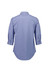A blue and white striped women's button-up shirt with 3/4 sleeves and a back view. It features a logo.