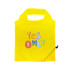 A bright yellow reusable shopping bag with a graphic design and a zippered pouch for storage.