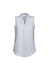 A light grey sleeveless top with a v-neck design and a logo on the label.