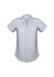 A light grey women's short sleeve button-up shirt with a stylish collar and subtle branding.