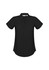 A black women's short sleeve button-up shirt with a v-neck and rolled sleeves, featuring a logo.