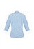 A blue check-patterned women's button-up shirt with 3/4 sleeves and a collar, featuring a logo.