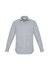 A long sleeve button-up shirt in a grey and white striped pattern, featuring a collar and buttons.