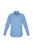 A blue and white striped long sleeve button-up shirt with a pocket and a logo.