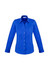 A women's long sleeve button-up shirt in bright blue, featuring a classic collar and button front.