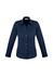A navy women's button-up long sleeve shirt with a sleek design and a classic collar. It features a brand logo.