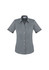 A short sleeve button-up shirt in a grey fabric, featuring a fitted design and a collar. It has a logo displayed.