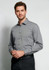 A grey long sleeve button-up shirt with a chest pocket, featuring a logo on the upper left.