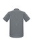 A grey short sleeve button-up shirt featuring a back view with a simple design and a logo.