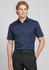 A button-up short sleeve shirt in navy blue, featuring a pocket and a branded logo.