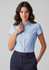 A light blue women's short sleeve button-up shirt, featuring a collar and a fitted design.