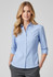 A light blue women's 3/4 sleeve button-up shirt featuring a fitted design and a logo on the chest.