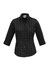 A black and white checked women's button-up shirt with 3/4 sleeves and a pocket. It features a collar and a logo.