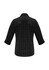 A black and white checkered women's button-up shirt with 3/4 sleeves and a collar, featuring a logo.