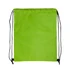 A bright green drawstring backpack with black straps.