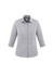 A women's grey button-up shirt with a 3/4 sleeve design, featuring a collar and a front button closure.