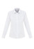 A white button-up shirt with a collar and long sleeves, featuring a fitted silhouette and a logo.